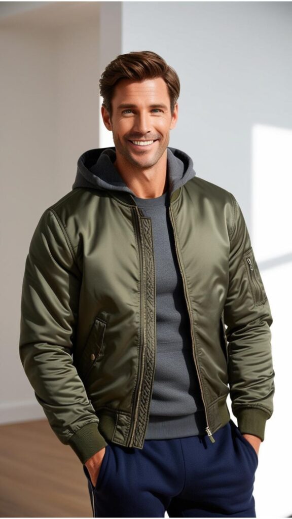 A good looking man wearing a bomber jacket over a hoodie and joggers.