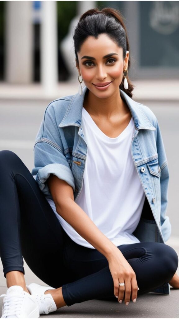 A beautiful woman wearing black leggings with a white oversized t-shirt, a denim jacket, and white sneakers.