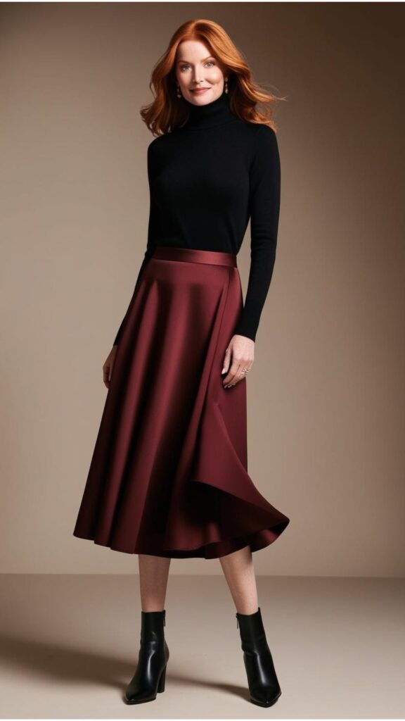 A beautiful woman wearing a black turtleneck sweater with a midi skirt and ankle boots.