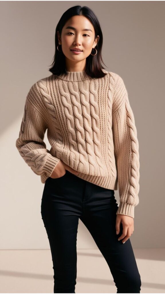 A woman wearing a beige cable knit sweater with a pair of black trousers and sneakers.