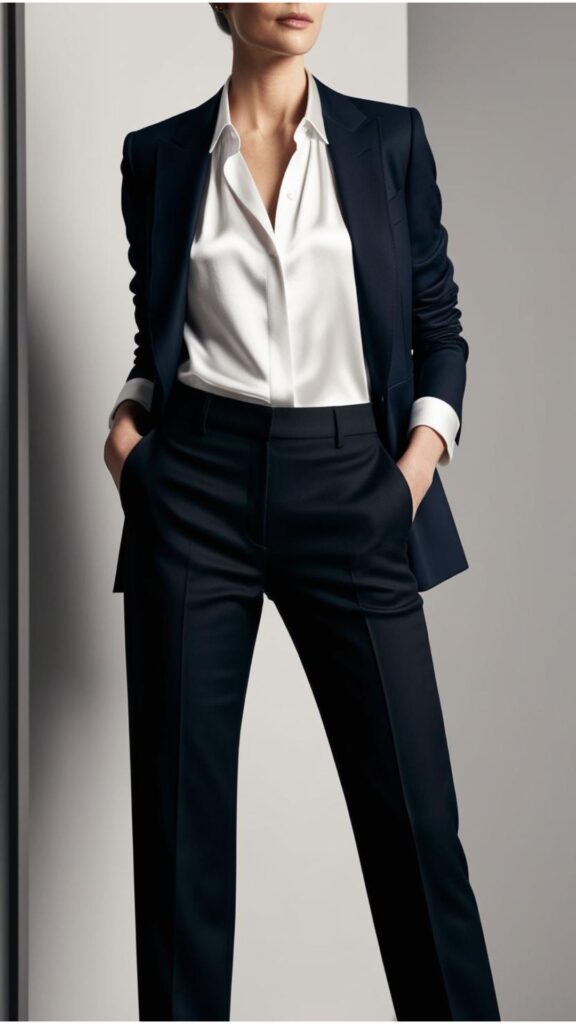 A woman wearing a pair of black tailored trousers with a blouse and a blazer.