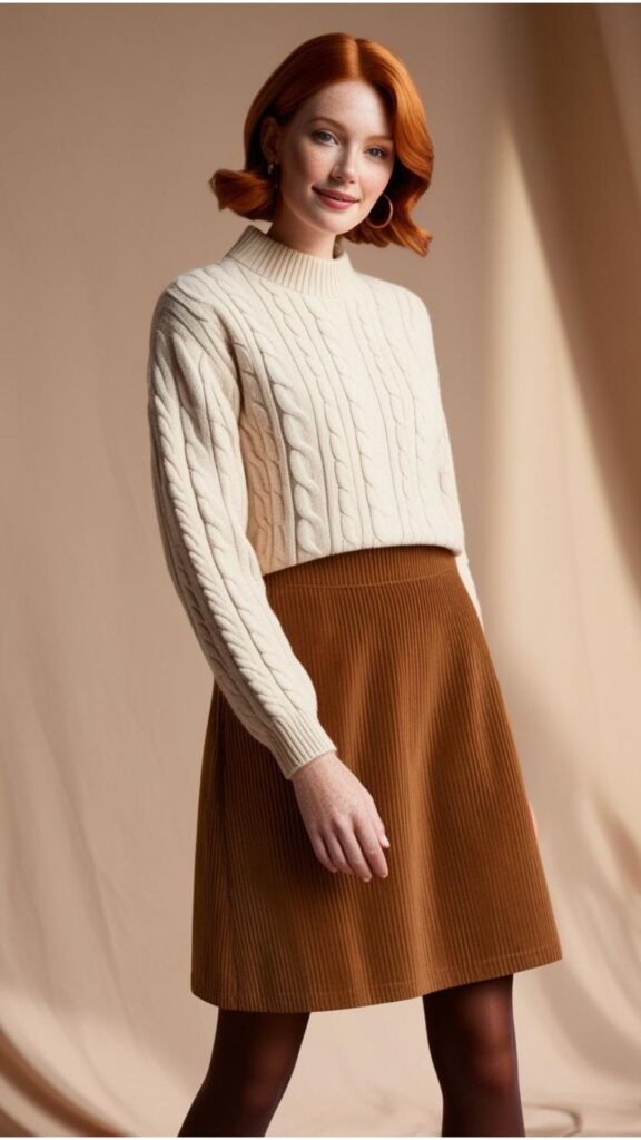 A pretty woman wearing a brown corduroy midi skirt with a sweater and tights.