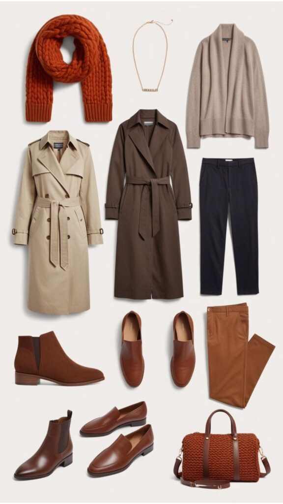 Fall travel capsule wardrobe essentials: lightweight, wrinkle-resistant layers, versatile shoes for day and night, and statement accessories like scarves and jewelry.