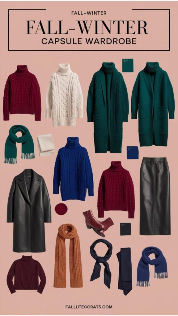 A fall-winter capsule wardrobe blends rich colors, textured fabrics, and layering essentials like turtlenecks and wool pieces for style and warmth.