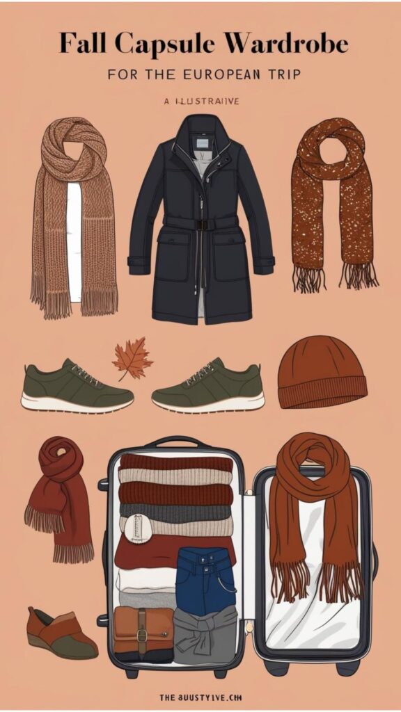Pack a fall capsule wardrobe for Europe with layers for temperature changes, stylish yet comfy shoes for exploring, and scarves or hats for warmth and style.