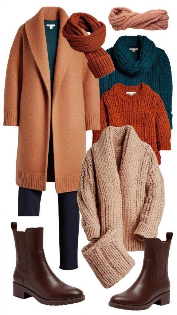 Transition your capsule wardrobe for fall/winter with a warm coat, cozy knits like sweaters and scarves, and stylish yet practical weatherproof boots.