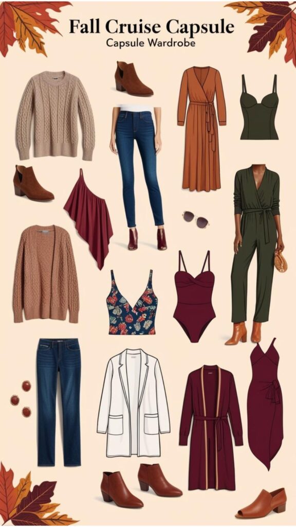 A fall cruise capsule wardrobe includes comfy daywear, dressy evening outfits, and swimwear with cover-ups for poolside or beach relaxation.