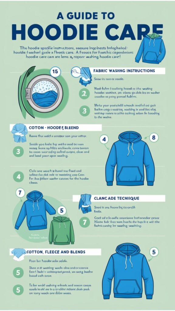 A visual guide to hoodie care, including washing instructions and fabric-specific tips.