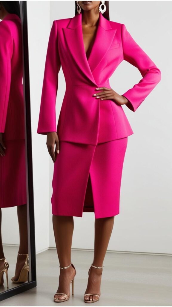 A woman wearing a hot pink blazer dress with statement earrings and strappy heels.