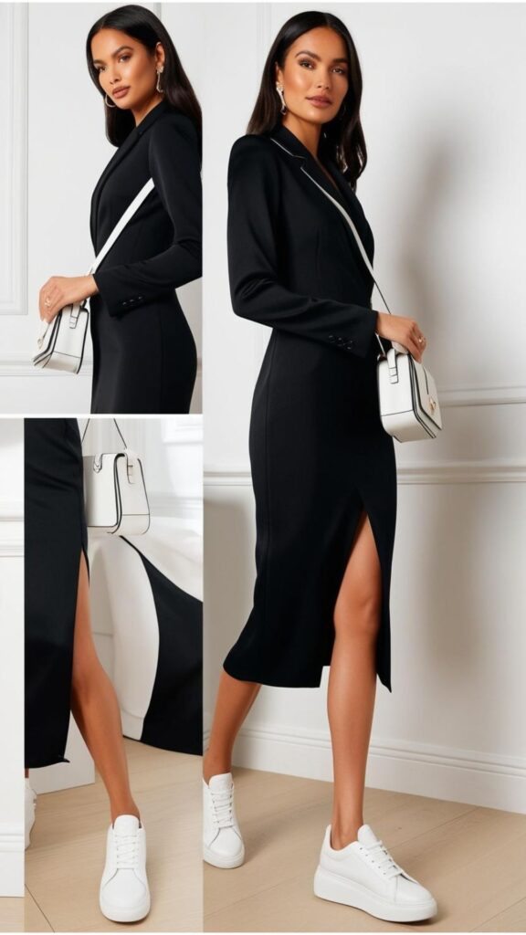 A woman wearing a black blazer dress with white sneakers and a crossbody bag.