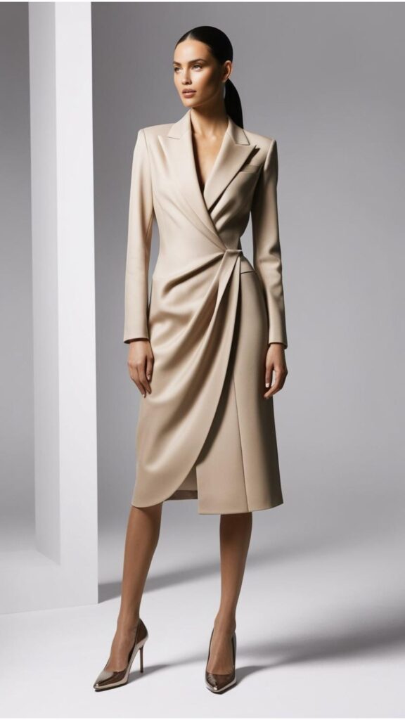 A woman wearing a beige blazer dress with expose pumps and a sleek ponytail.