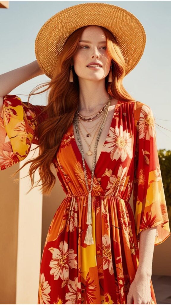 A woman with long flowing hair wearing a floral maxi dress with a floppy hat and layered necklaces.