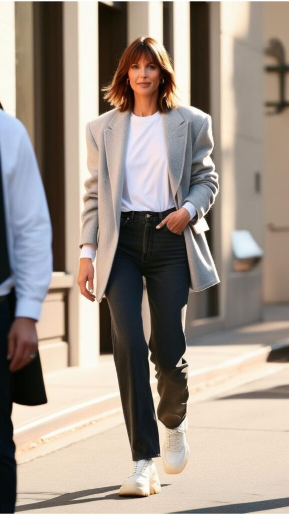 A woman walking down the street in an oversized blazer, a white t-shirt, straight-leg jeans, and chunky sneakers.
