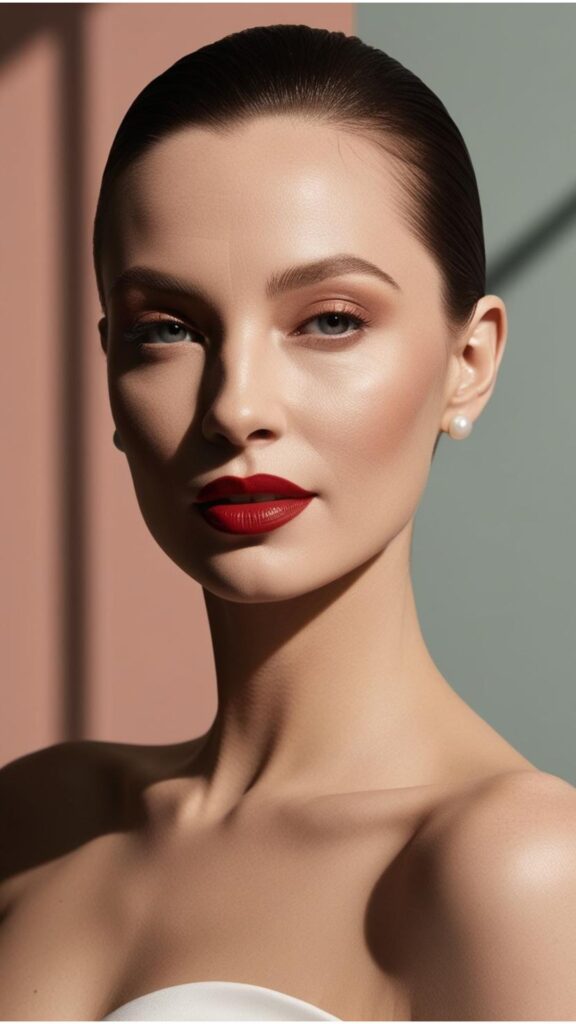 A woman with a classic red lip color, minimal eye makeup, and a flawless complexion.