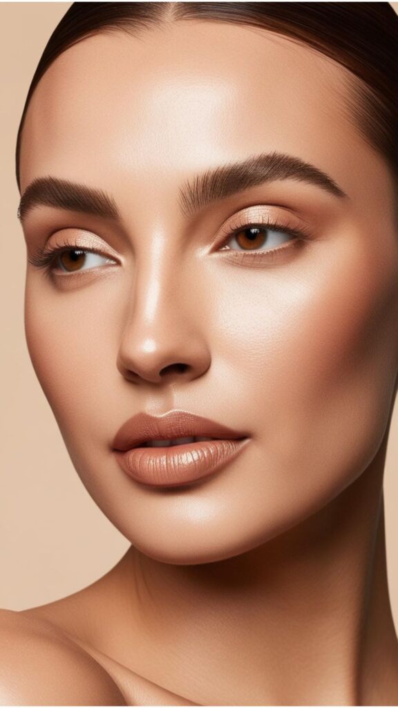 A woman with glowing skin, lightly filled-in brows, and a skin tone lip color.