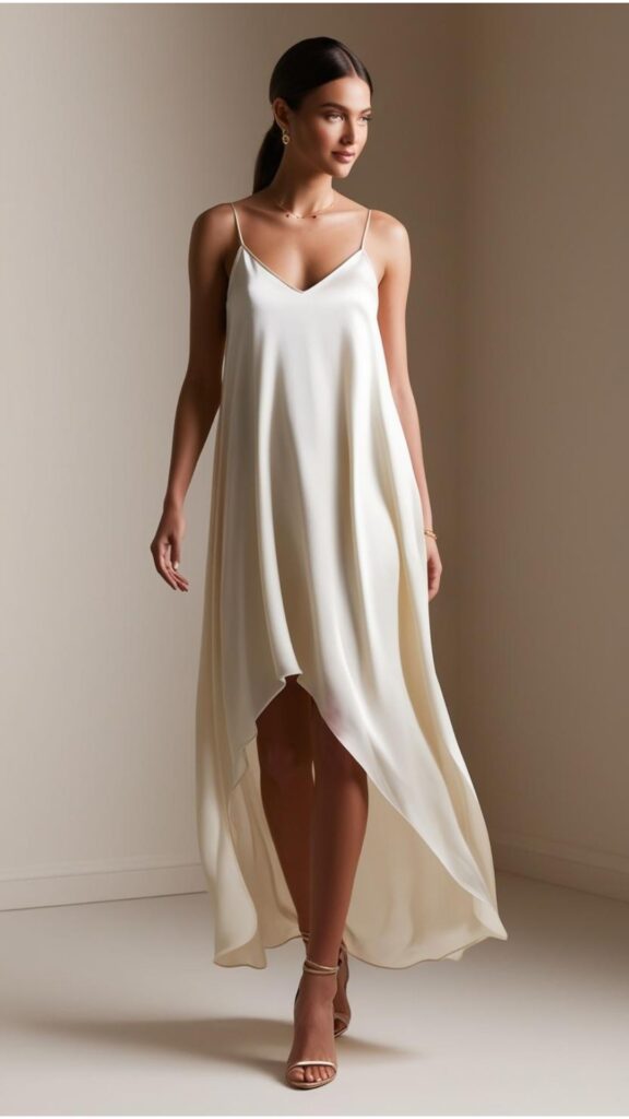 A woman wearing a white slip dress with strappy heels and minimal jewelry.