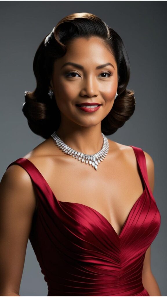 A pretty woman in a floor-length red gown with a plunging neckline and a diamond necklace, styled with old Hollywood waves in her hair.