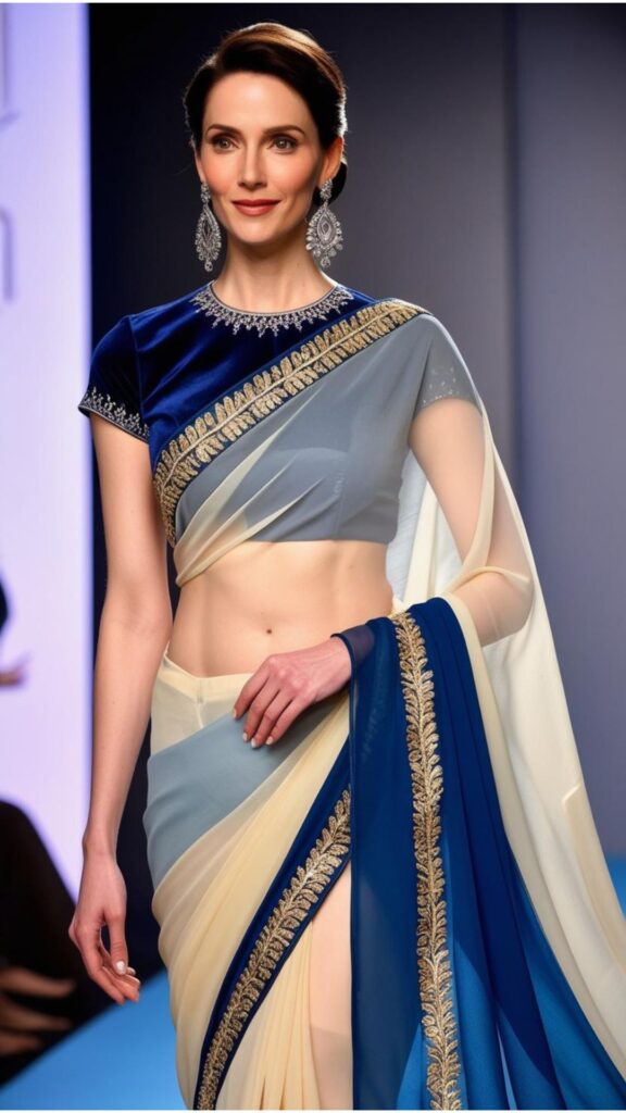 A woman wearing a flowing chiffon saree with a designer blouse and statement earrings.