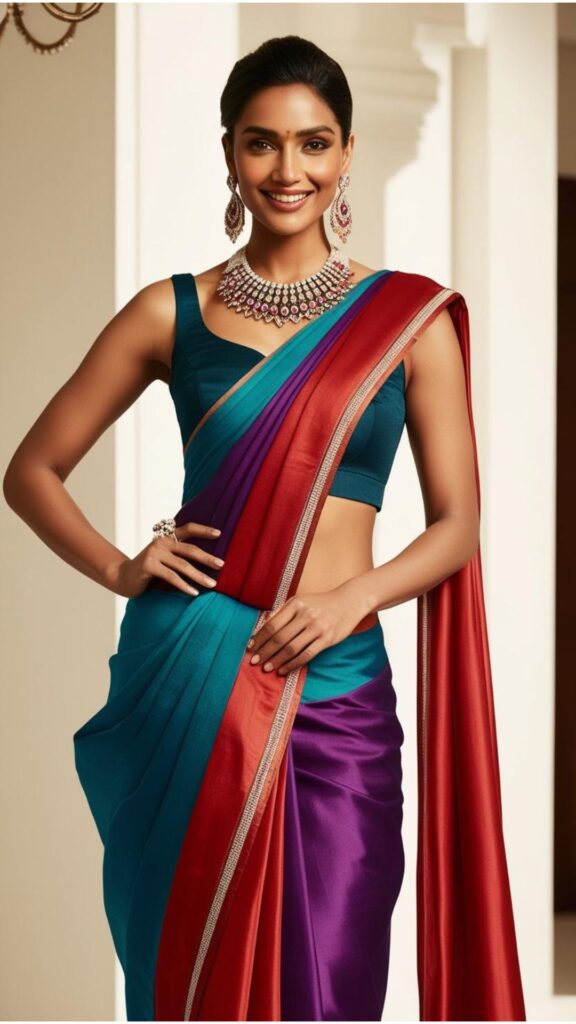A stunning woman wearing a dhoti-style saree with a crop top and statement jewelry.