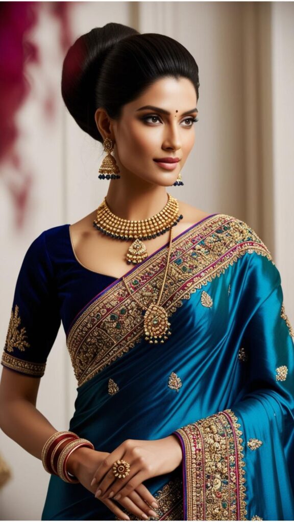 A stunning woman wearing a heavily embellished saree with traditional Indian jewelry and a sleek bun.
