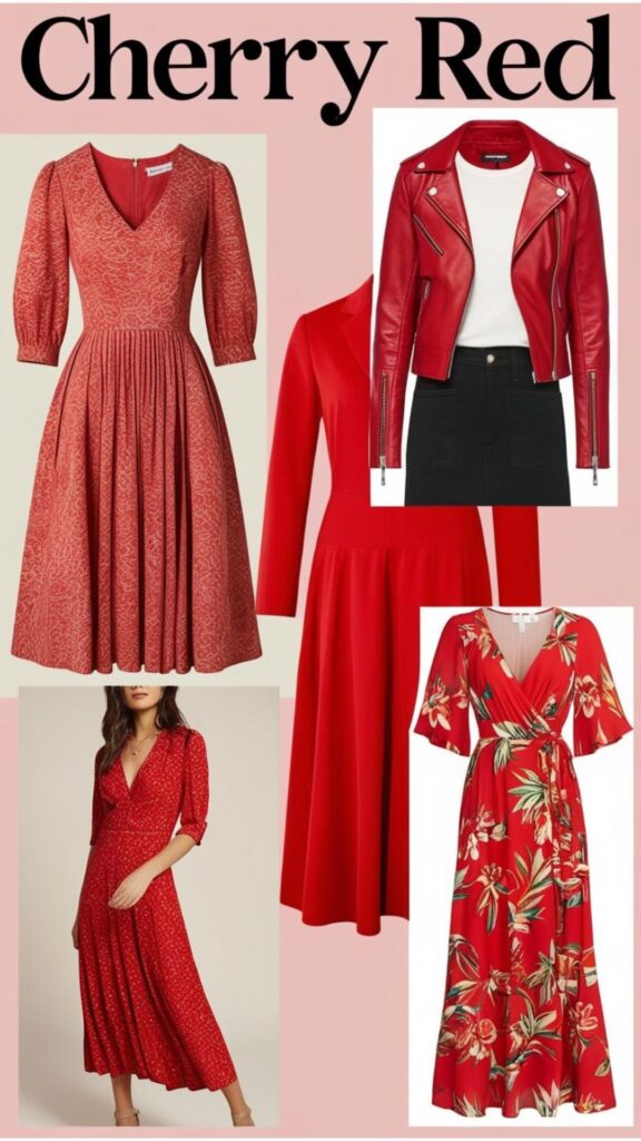 A mood board with images of cherry red outfits in different aesthetics, including a classic red dress, a red leather jacket, and a red floral dress.