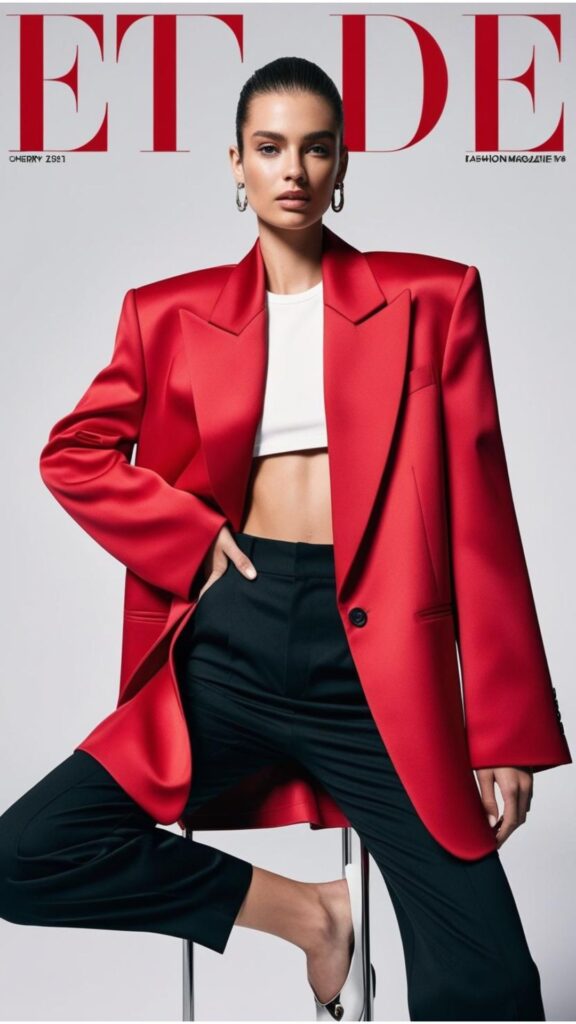 A fashion magazine cover featuring a model wearing a cherry red oversized blazer, a white crop top, and high-waisted black trousers.