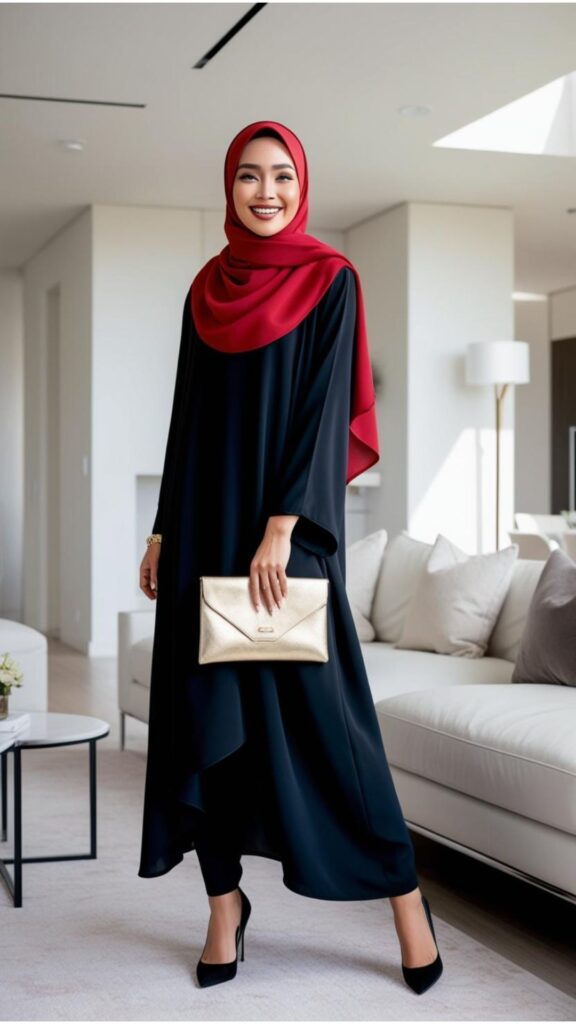 A stunning woman wearing a cherry red hijab with a black abaya, black heels, and a gold clutch, smiling in a modern living room.