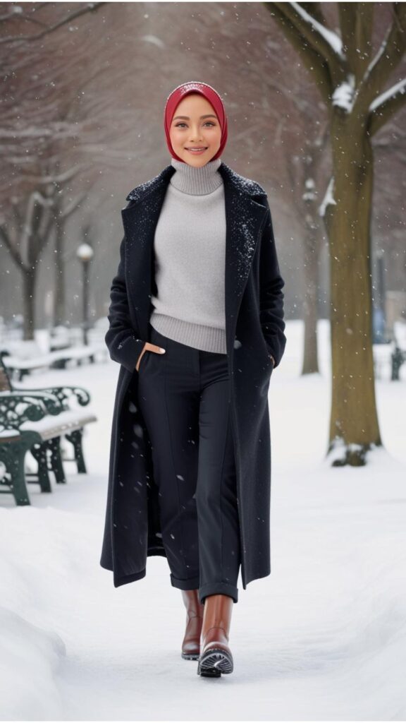 A charming woman wearing a cherry red hijab with a grey turtleneck sweater, a black long coat, black trousers, and brown boots, walking in a snowy park.
