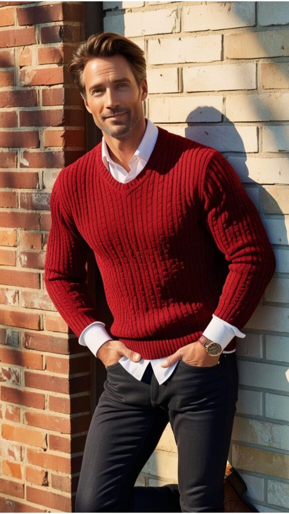 A handsome man wearing a cherry red sweater over a white shirt, dark wash jeans, and brown leather boots, leaning against a brick wall.