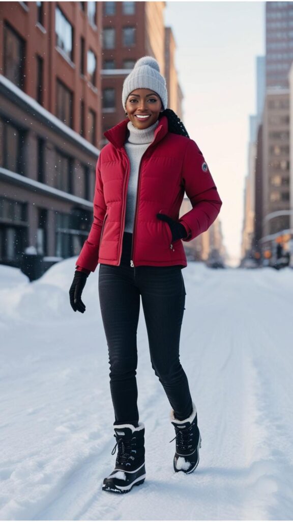 A stunning woman in a cherry red puffer jacket, black jeans, a grey beanie, and snow boots, walking in a snowy city landscape.