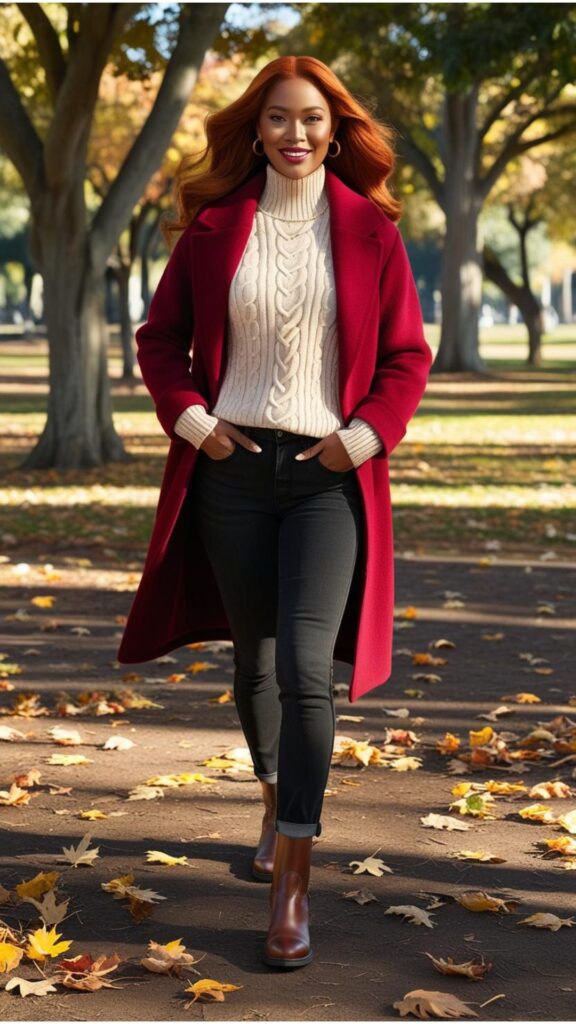 A beautiful woman with red hair wearing a cherry red coat over a cream cable knit sweater, black jeans, and brown ankle boots, walking through a park with fallen leaves.