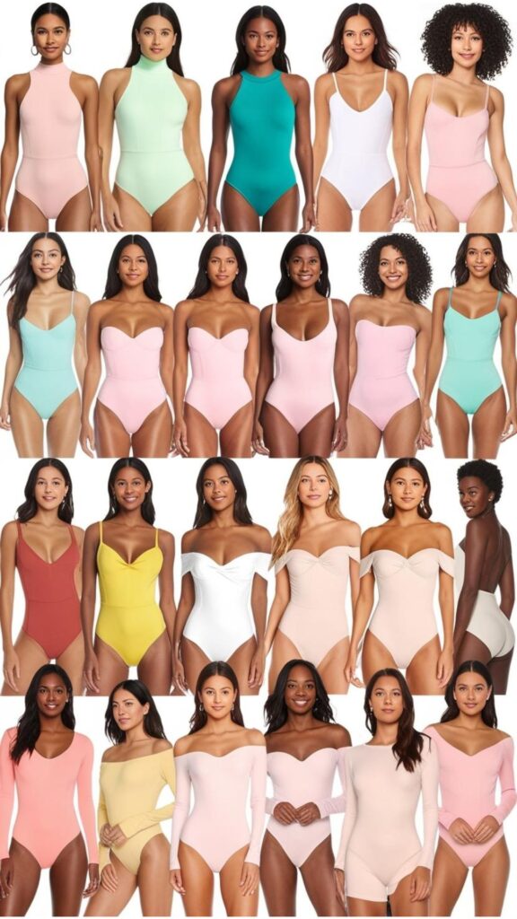A collage showcasing different bodysuit styles, such as high-neck, scoop neck, off-the-shoulder, and long-sleeved, highlighting how they flatter various body shapes.
