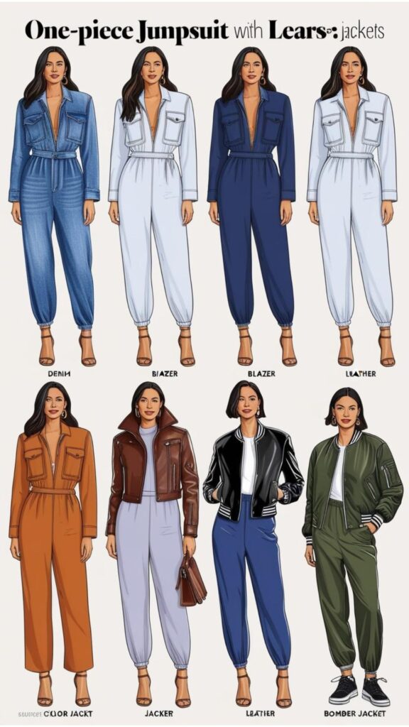 One-piece with a jacket: Choosing the right jacket for the occasion (denim, blazer, leather, bomber), fabric/texture pairings, length/fit considerations (cropped, long), and color/pattern choices.
