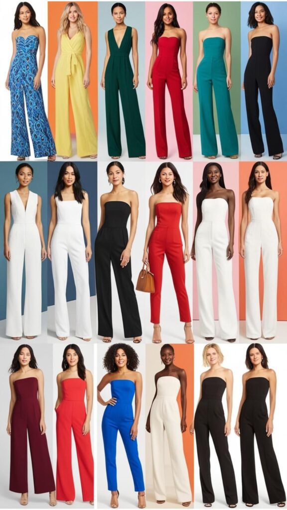 A collage showcasing different jumpsuit styles, such as wide-leg, skinny, cropped, and strapless, highlighting how they flatter various body shapes.