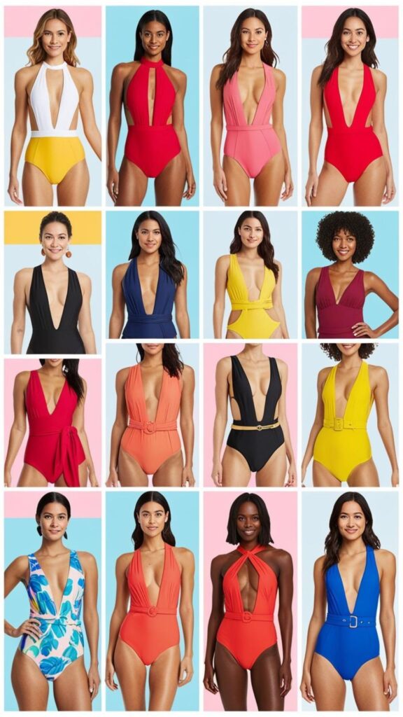 A collage showcasing different one-piece swimsuit styles, such as high-neck, plunging neckline, cutout, and belted, highlighting how they flatter various body shapes.