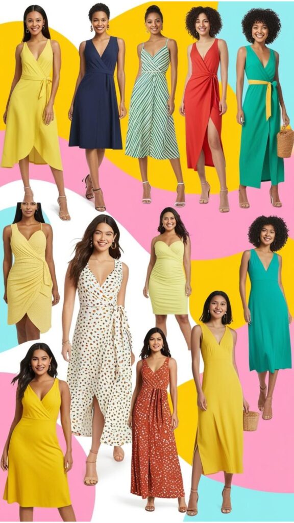 A collage showcasing different one-piece dress styles, such as A-line, wrap, bodycon, and maxi, highlighting how they flatter various body shapes.