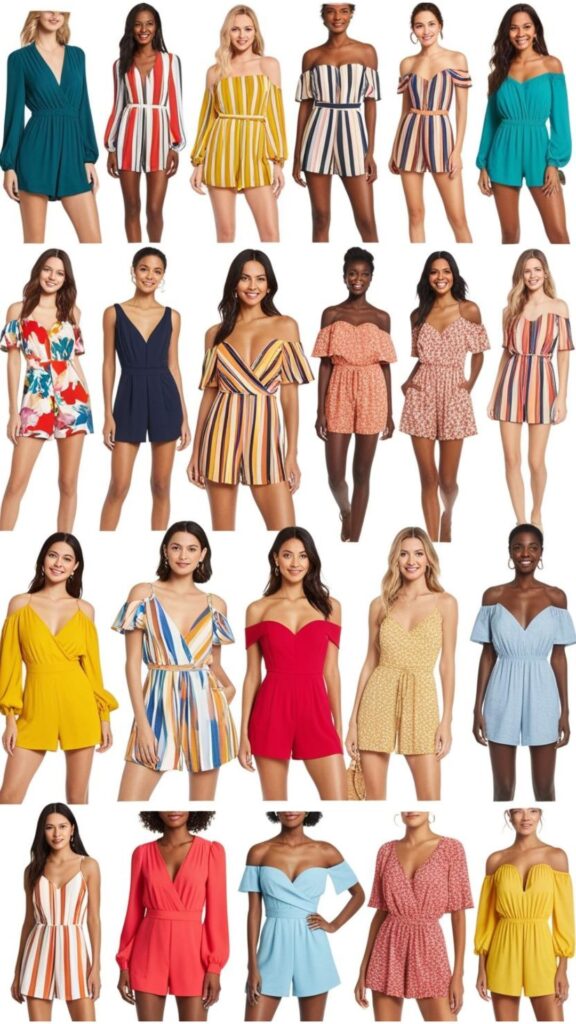A collage showcasing different romper styles, such as those with long sleeves, short sleeves, off-the-shoulder, and varying necklines, highlighting how they flatter various body shapes.