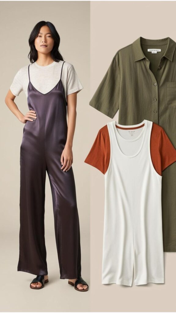 Layering one-piece with a shirt: Consider the occasion (t-shirt/jumpsuit for casual, button-down/slip dress for polished), fabric/texture contrasts, color coordination (neutral/bold, monochromatic), and balanced proportions.