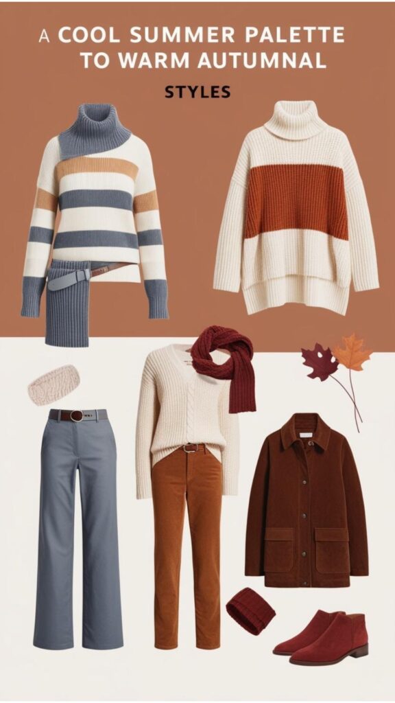 Easily transition your cool summer palette for fall by layering with neutrals, adding fall textures, and accessorizing with warm tones like burgundy and rust.