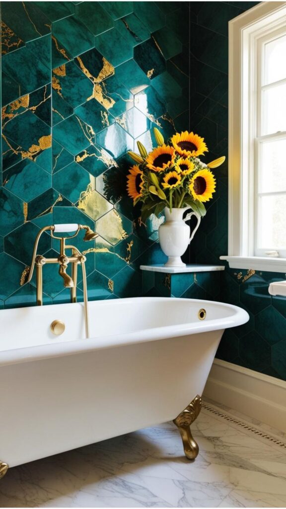 A bathroom with a white clawfoot tub, vintage-inspired tiles, and a vase of fresh flowers.