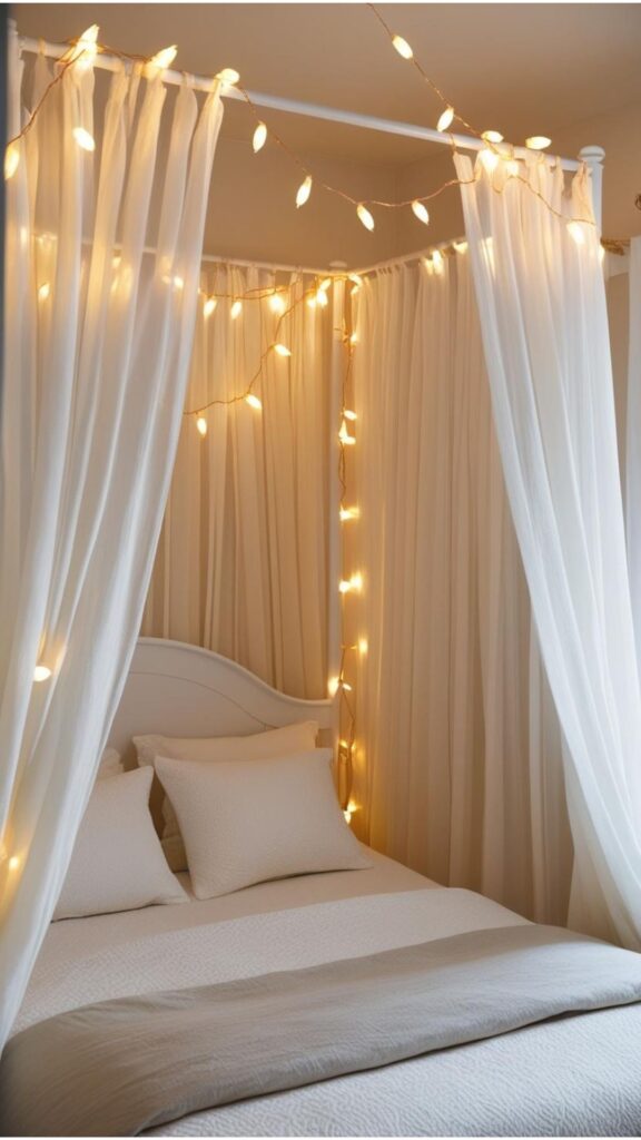 A bedroom with a white canopy bed draped with sheer curtains and adorned with fairy lights.
