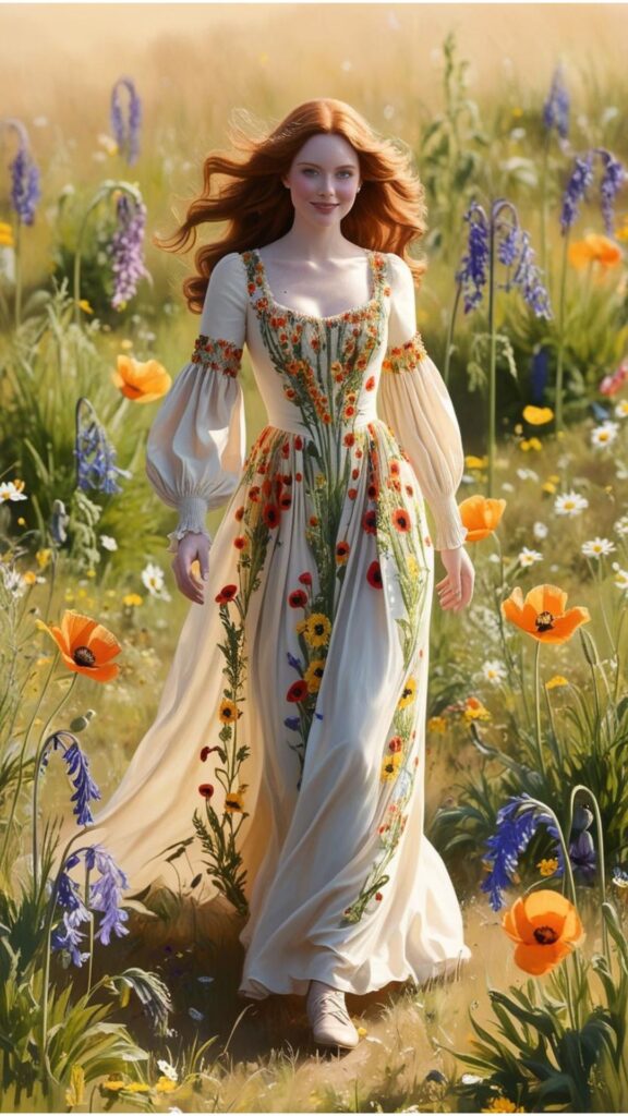 A beautiful woman wearing a prairie dress with a floral print, walking through a meadow.