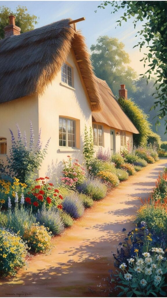 A charming cottage with a thatched roof, surrounded by a colorful garden filled with flowers and herbs.