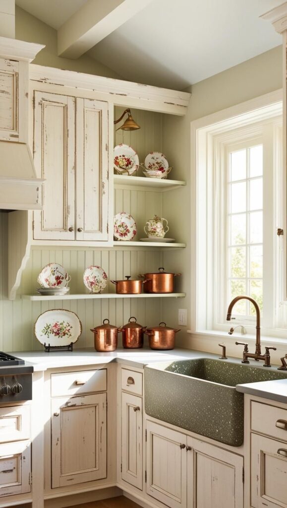 Image Prompt: A kitchen with white wooden cabinets, open shelves displaying vintage china, and a farmhouse sink.