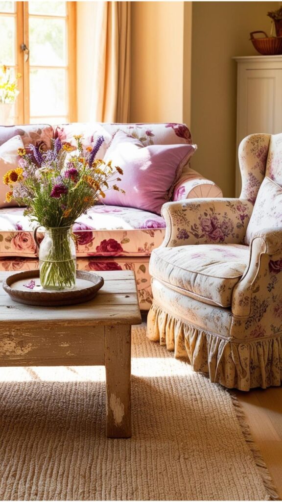 A living room with a floral sofa, a wooden coffee table with a vase of wildflowers, and a vintage armchair.