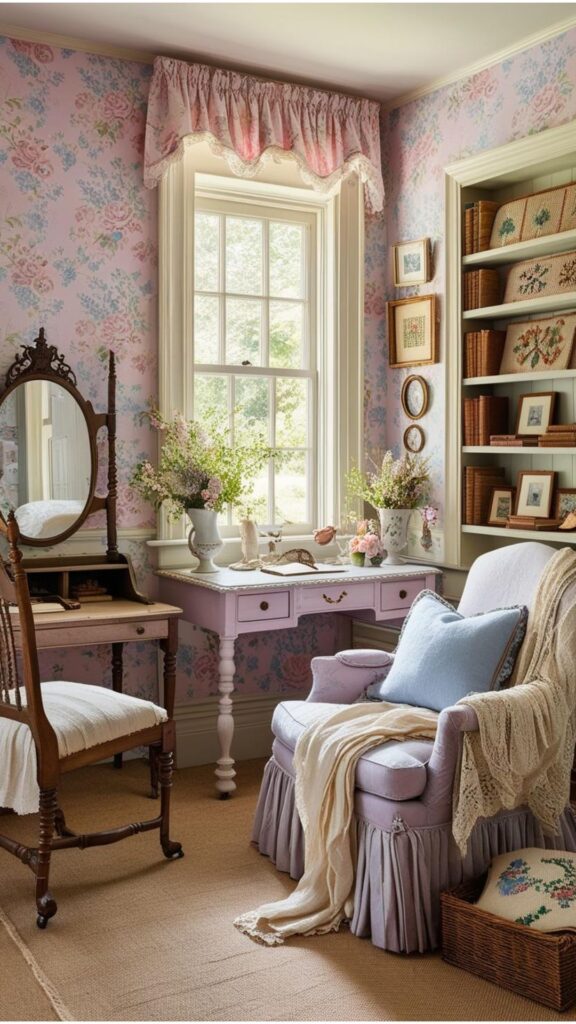 Design a cozy cottagecore room with floral wallpaper, antique furniture, layered textiles, and personal touches like handmade crafts, vintage books, and photos.