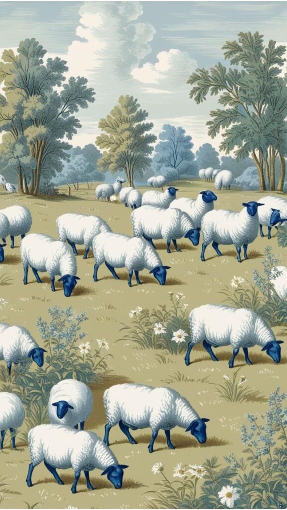 A wallpaper design with a toile pattern depicting a countryside scene with sheep grazing in a meadow.