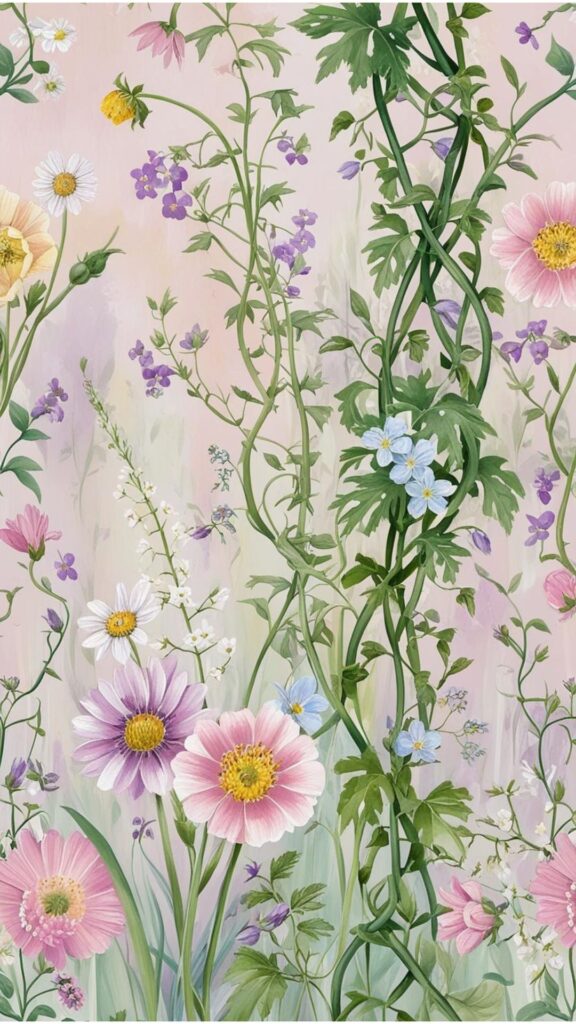 A wallpaper design featuring delicate wildflowers and climbing vines.