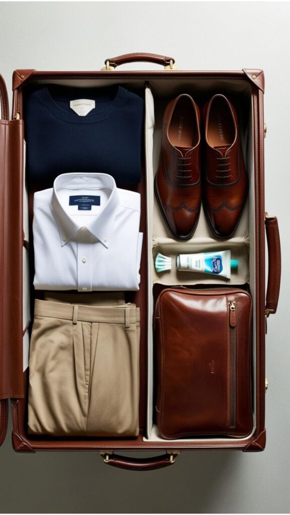 A neatly organized suitcase with clothing, shoes, and toiletries arranged in separate compartments.