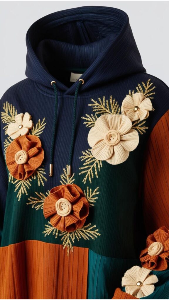 A hoodie with mixed media elements, combining fabric patches, embroidery, and 3D details.